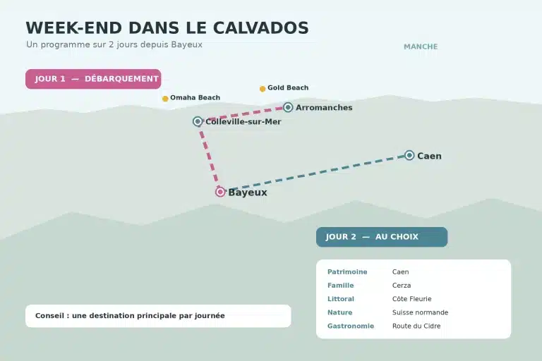 Carte touristique du Calvados présentant les principaux sites et destinations à découvrir le temps d’un week-end.